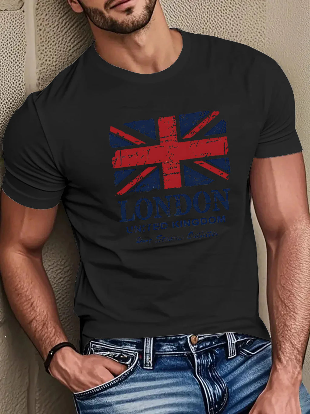 Men's 100% pure cotton British flag and London landmark print fashionable casual loose round neck short sleeved T-shirt top
