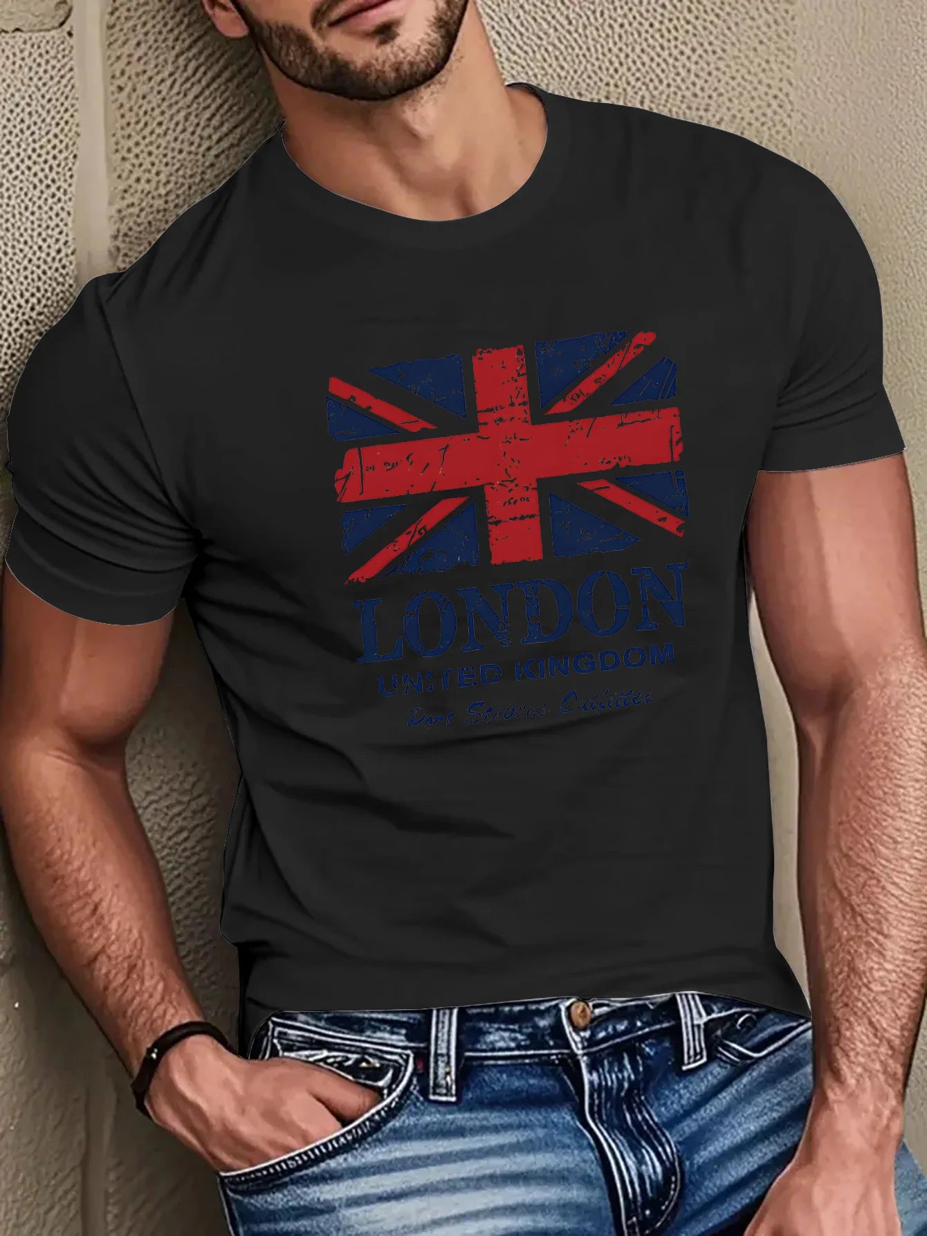 Men's 100% pure cotton British flag and London landmark print fashionable casual loose round neck short sleeved T-shirt top