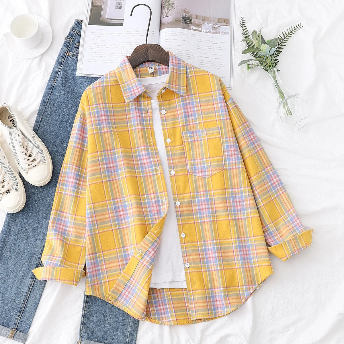 Brand Women's Flannel Plaid Shirts 2025 New Ladies Tops Exquisite Designer Style Loose Blouses Casual Cotton Long Sleeve Blouse
