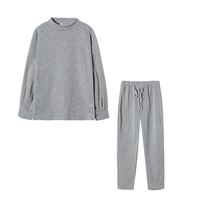 Women's High Collar Sweater And Pure Color Trousers Two-Piece Set Casual Autumn Winter Fashion Ensemble