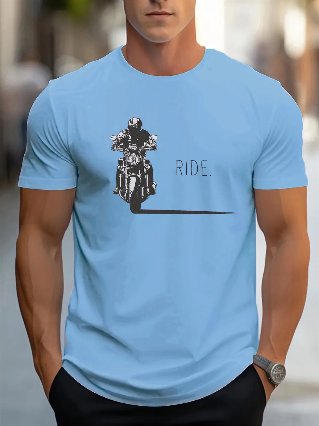 Men's summer 100% pure cotton fashionable casual loose motorcycle design printed round neck short sleeved T-shirt top