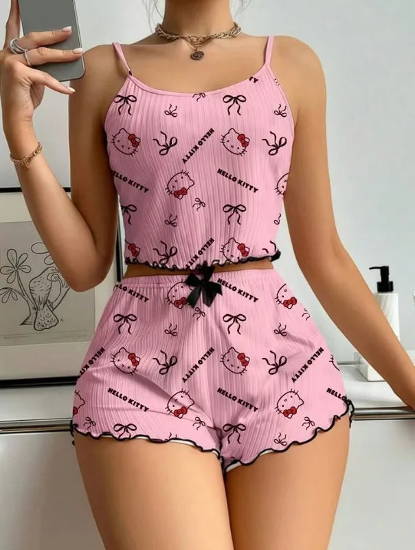 Sanrio Hello Kitty Bowknot Suspender Top Shorts Casual 2pcs Pajama Set Fashionable Thin Shoulder Strap Sexy Sleepwear Soft Pj