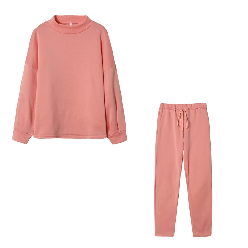 Women's High Collar Sweater And Pure Color Trousers Two-Piece Set Casual Autumn Winter Fashion Ensemble