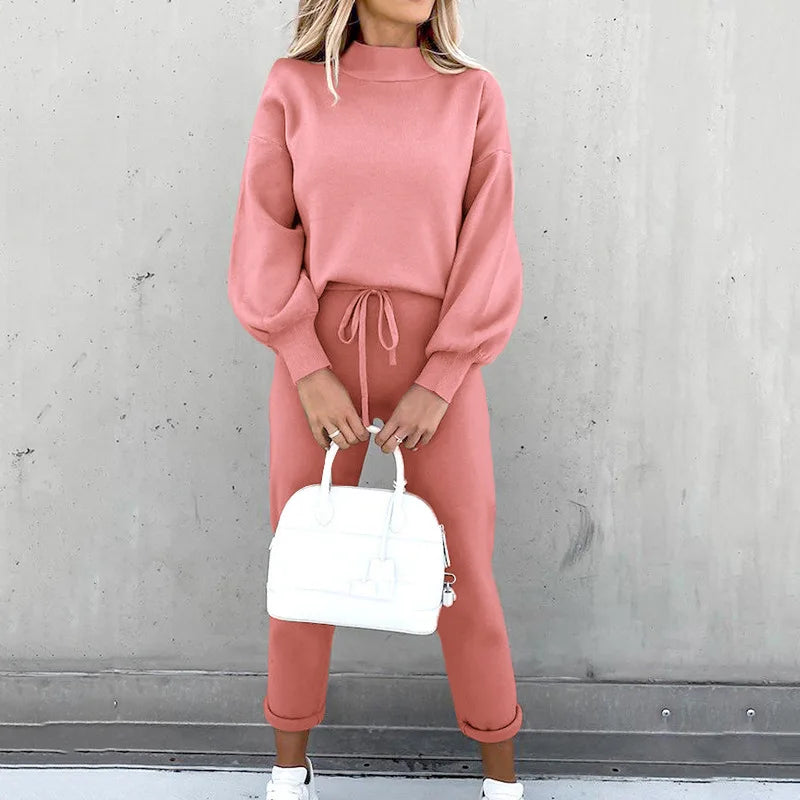 Women's High Collar Sweater And Pure Color Trousers Two-Piece Set Casual Autumn Winter Fashion Ensemble