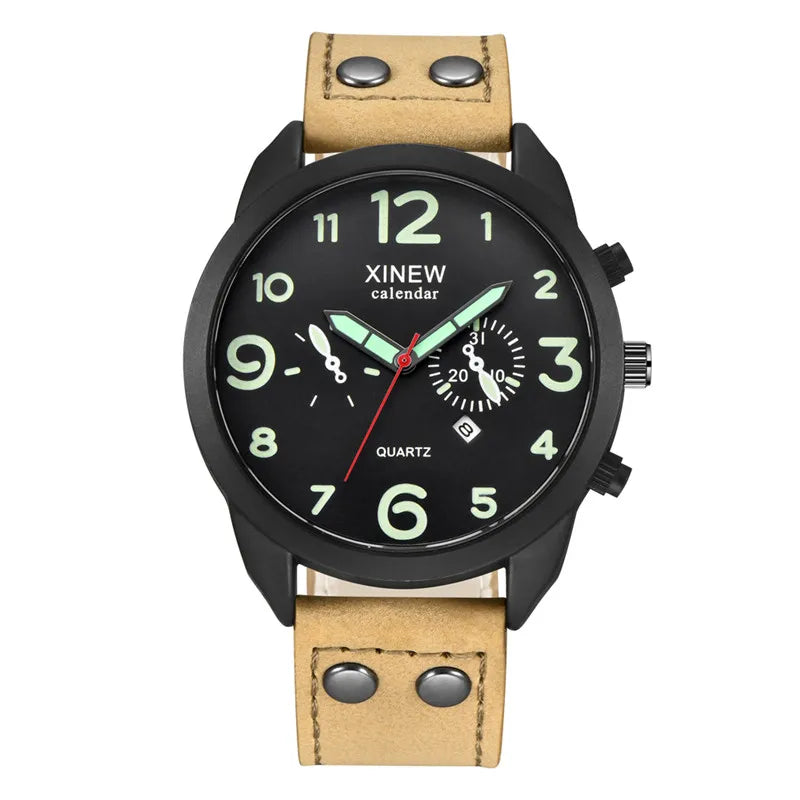 Men XINEW Brand Cheap Watches Students Fashion Simple Leather Band Army Date Quartz Watch Erkek Barato Saat Reloj Hombre 2024