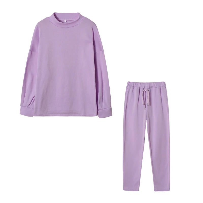 Women's High Collar Sweater And Pure Color Trousers Two-Piece Set Casual Autumn Winter Fashion Ensemble