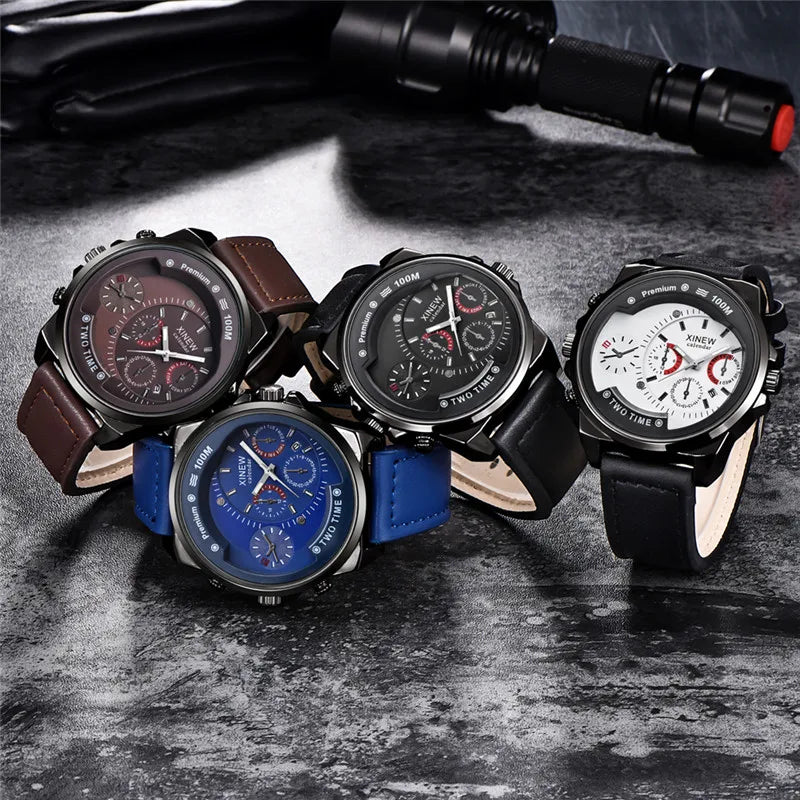 Relogio Masculino Men XINEW Brand Watches Fashion Leather Band Date Quartz Watch Erkek Barato Saat Montre Homme Reloj Hombre