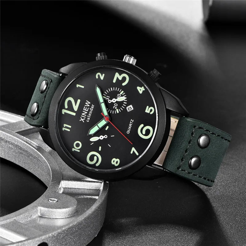Men XINEW Brand Cheap Watches Students Fashion Simple Leather Band Army Date Quartz Watch Erkek Barato Saat Reloj Hombre 2024