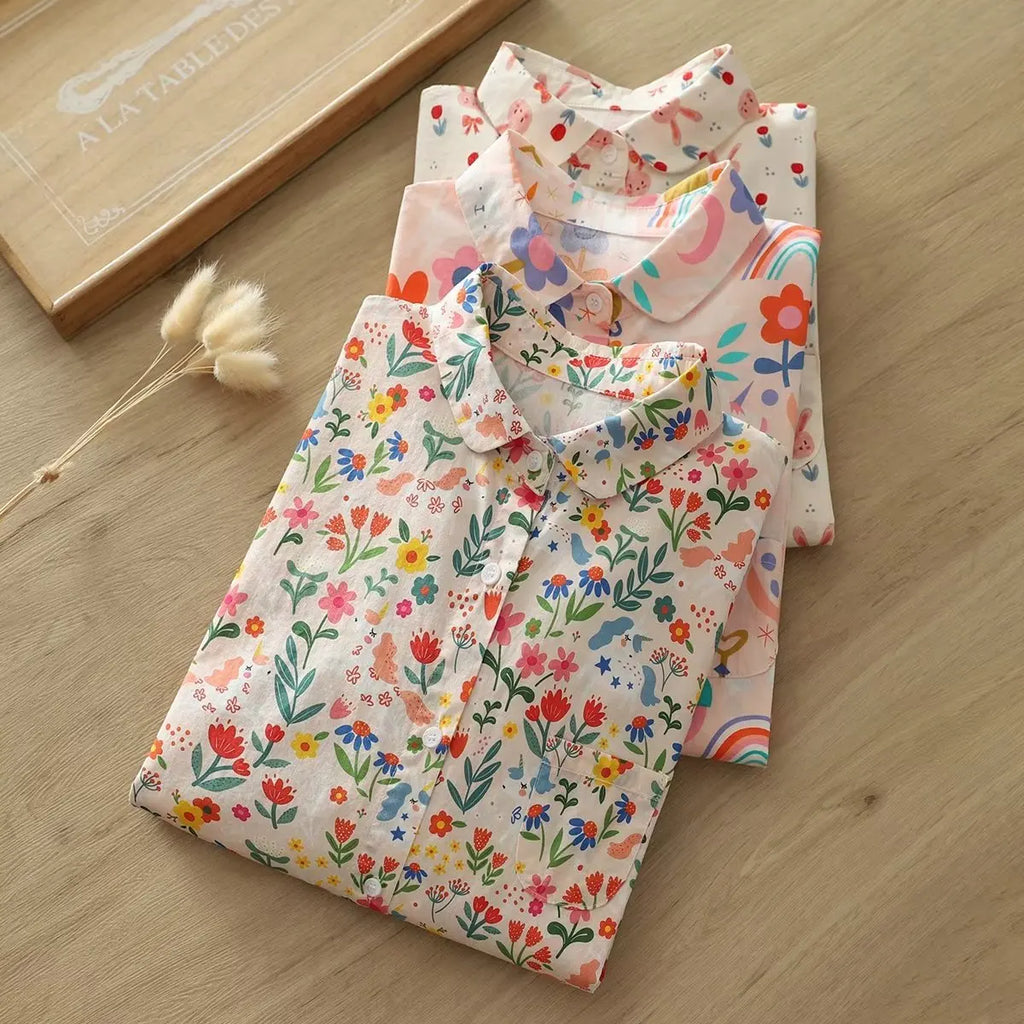 Fashion Women Printed Shirts Cotton Casual Blouses and Tops 2026 New Loose Style Exquisite Lady Long Sleeve Shirt Female Clothes