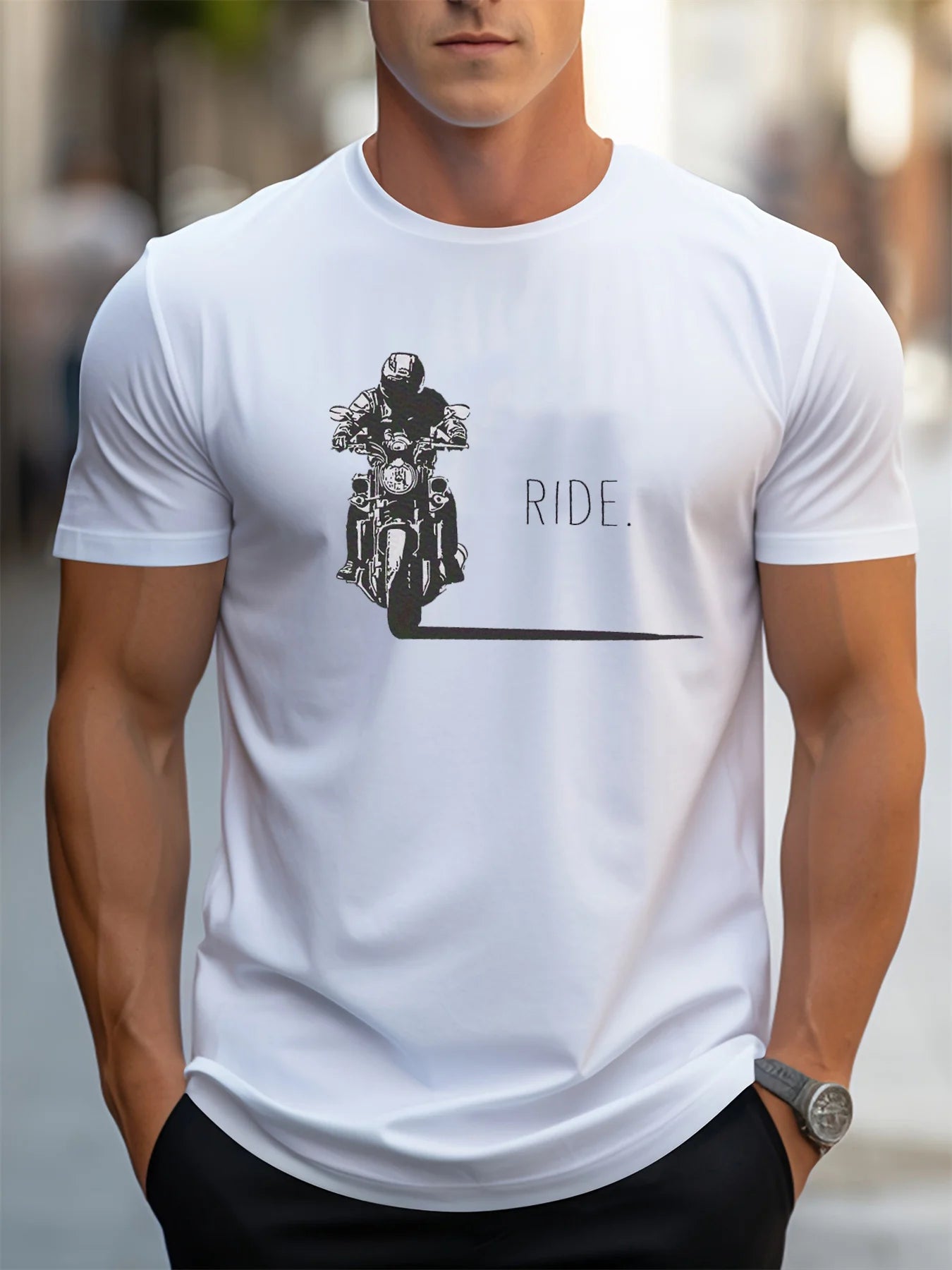 Men's summer 100% pure cotton fashionable casual loose motorcycle design printed round neck short sleeved T-shirt top