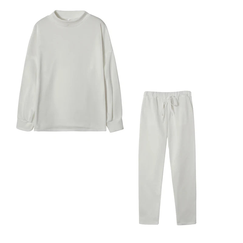 Women's High Collar Sweater And Pure Color Trousers Two-Piece Set Casual Autumn Winter Fashion Ensemble