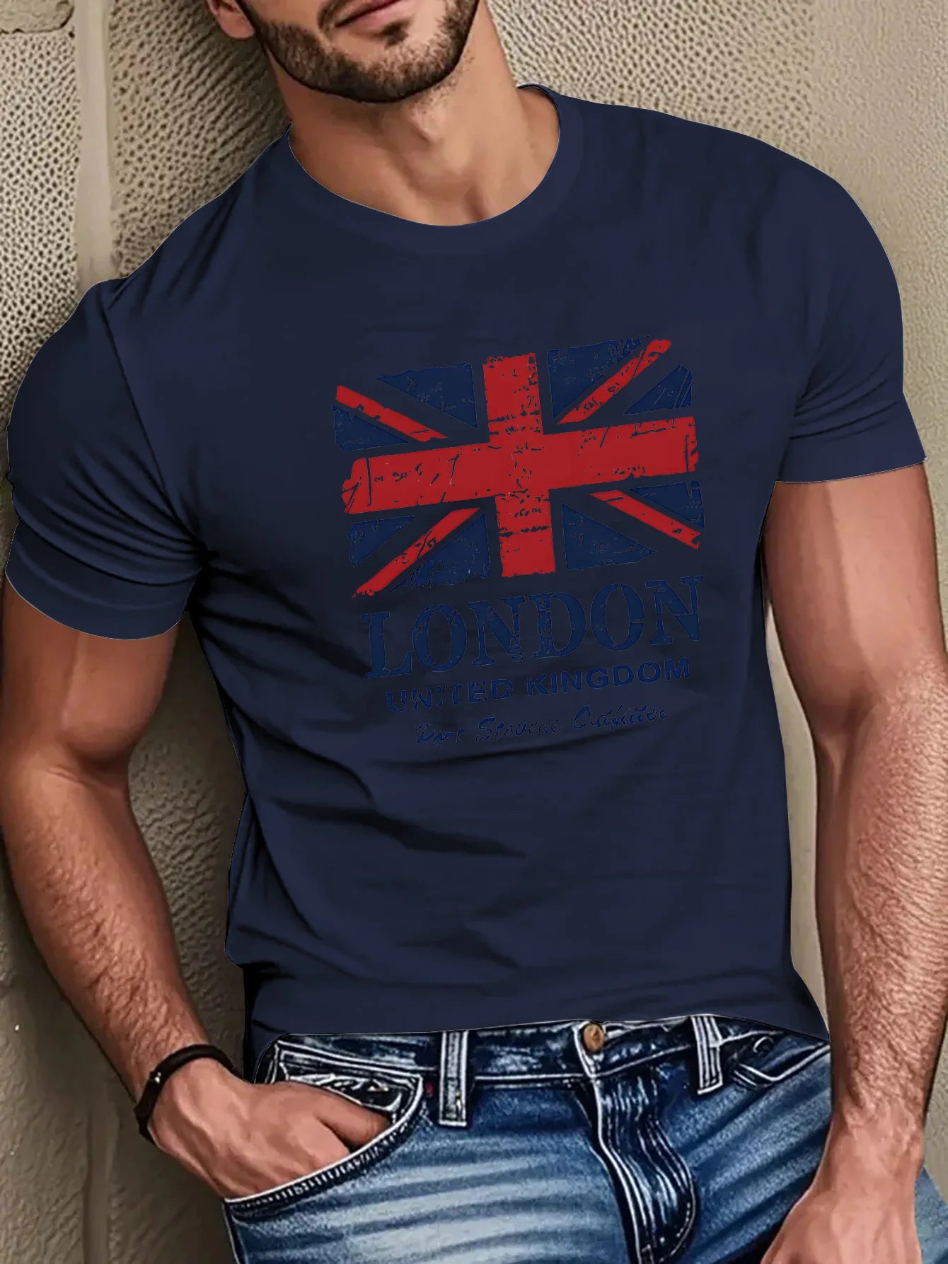 Men's 100% pure cotton British flag and London landmark print fashionable casual loose round neck short sleeved T-shirt top