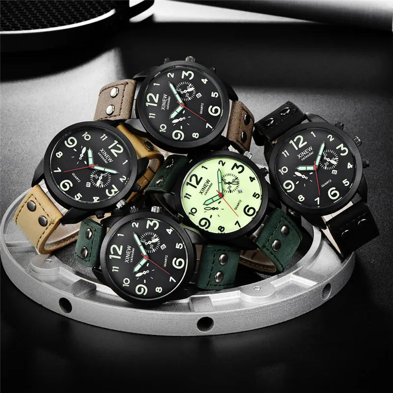 Men XINEW Brand Cheap Watches Students Fashion Simple Leather Band Army Date Quartz Watch Erkek Barato Saat Reloj Hombre 2024