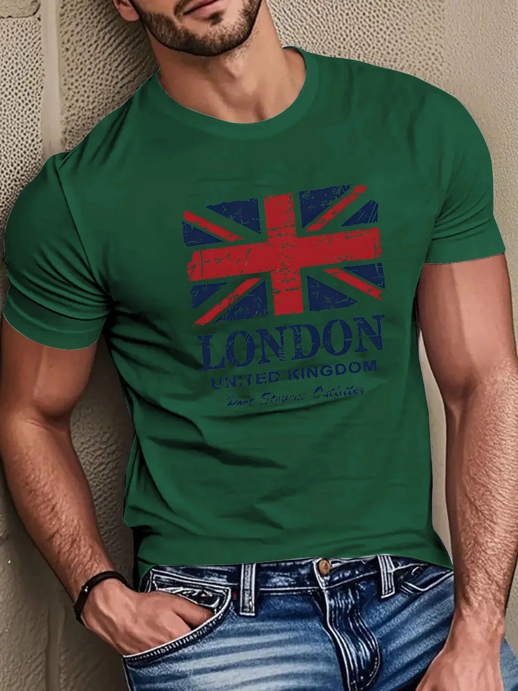 Men's 100% pure cotton British flag and London landmark print fashionable casual loose round neck short sleeved T-shirt top