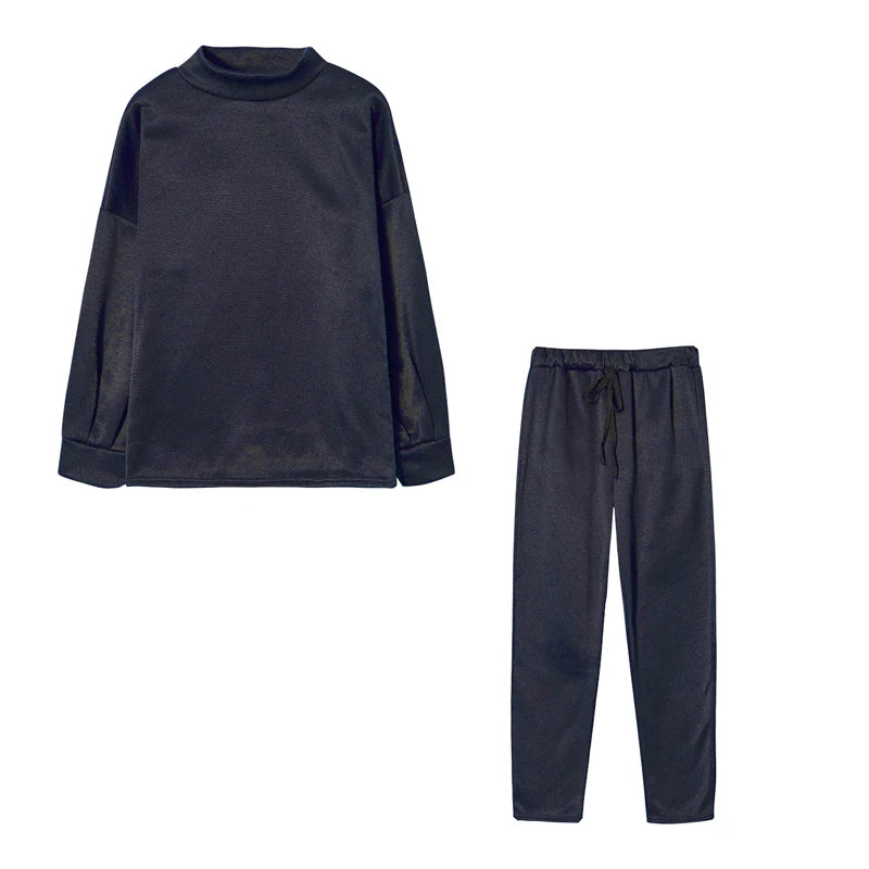 Women's High Collar Sweater And Pure Color Trousers Two-Piece Set Casual Autumn Winter Fashion Ensemble