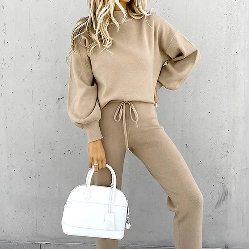 Women's High Collar Sweater And Pure Color Trousers Two-Piece Set Casual Autumn Winter Fashion Ensemble