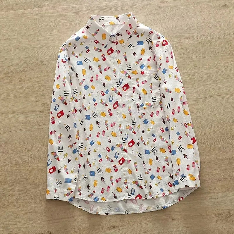 Fashion Women Printed Shirts Cotton Casual Blouses and Tops 2026 New Loose Style Exquisite Lady Long Sleeve Shirt Female Clothes