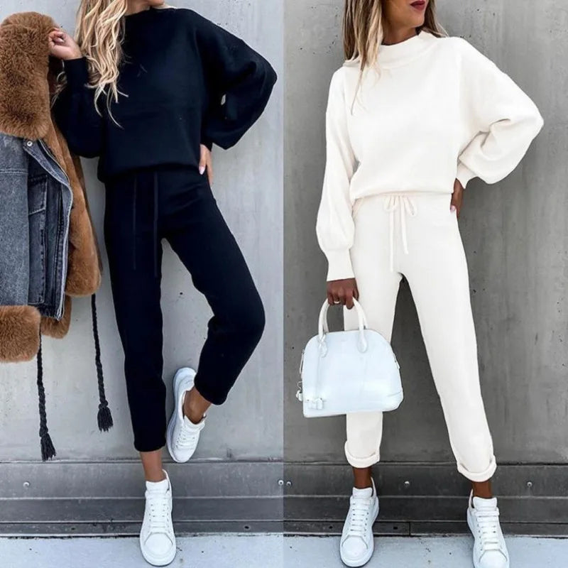 Women's High Collar Sweater And Pure Color Trousers Two-Piece Set Casual Autumn Winter Fashion Ensemble