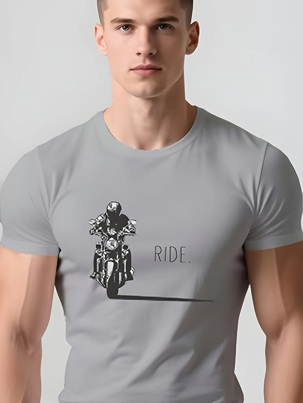 Men's summer 100% pure cotton fashionable casual loose motorcycle design printed round neck short sleeved T-shirt top