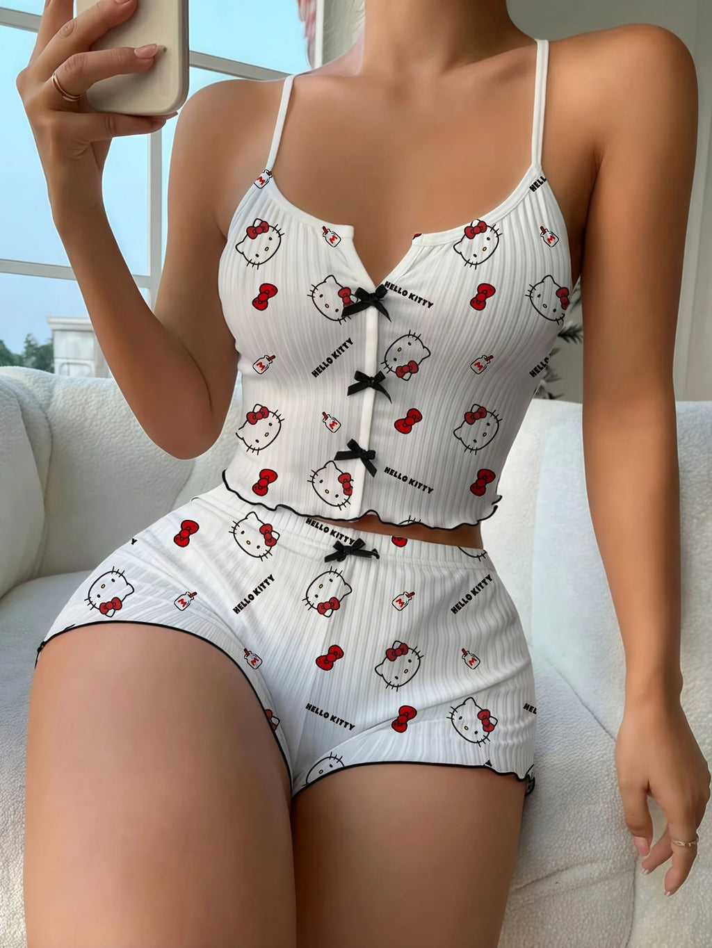 Sanrio Hello Kitty Bowknot Suspender Top Shorts Casual 2pcs Pajama Set Fashionable Thin Shoulder Strap Sexy Sleepwear Soft Pj
