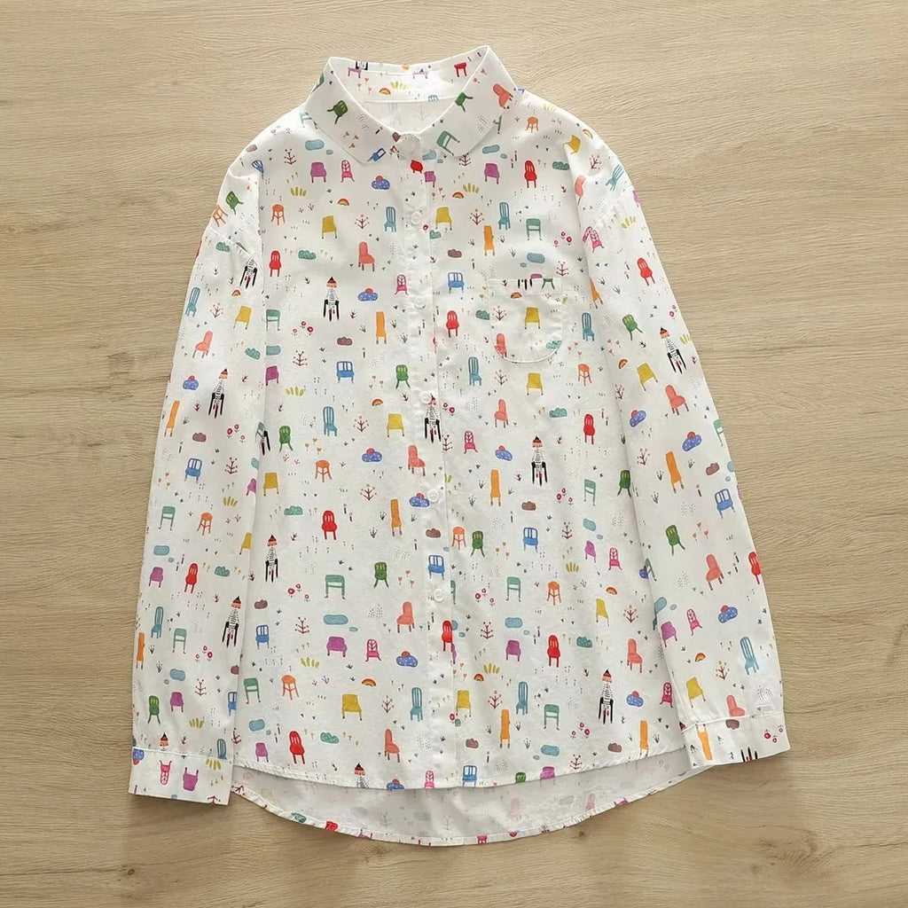 Fashion Women Printed Shirts Cotton Casual Blouses and Tops 2026 New Loose Style Exquisite Lady Long Sleeve Shirt Female Clothes