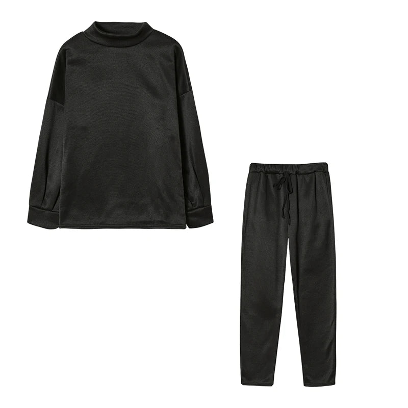 Women's High Collar Sweater And Pure Color Trousers Two-Piece Set Casual Autumn Winter Fashion Ensemble