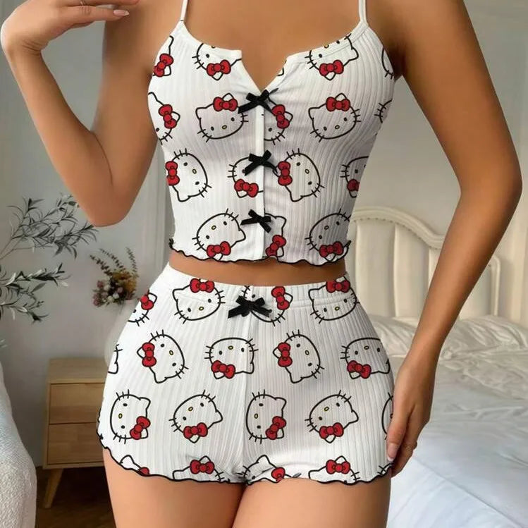Sanrio Hello Kitty Bowknot Suspender Top Shorts Casual 2pcs Pajama Set Fashionable Thin Shoulder Strap Sexy Sleepwear Soft Pj