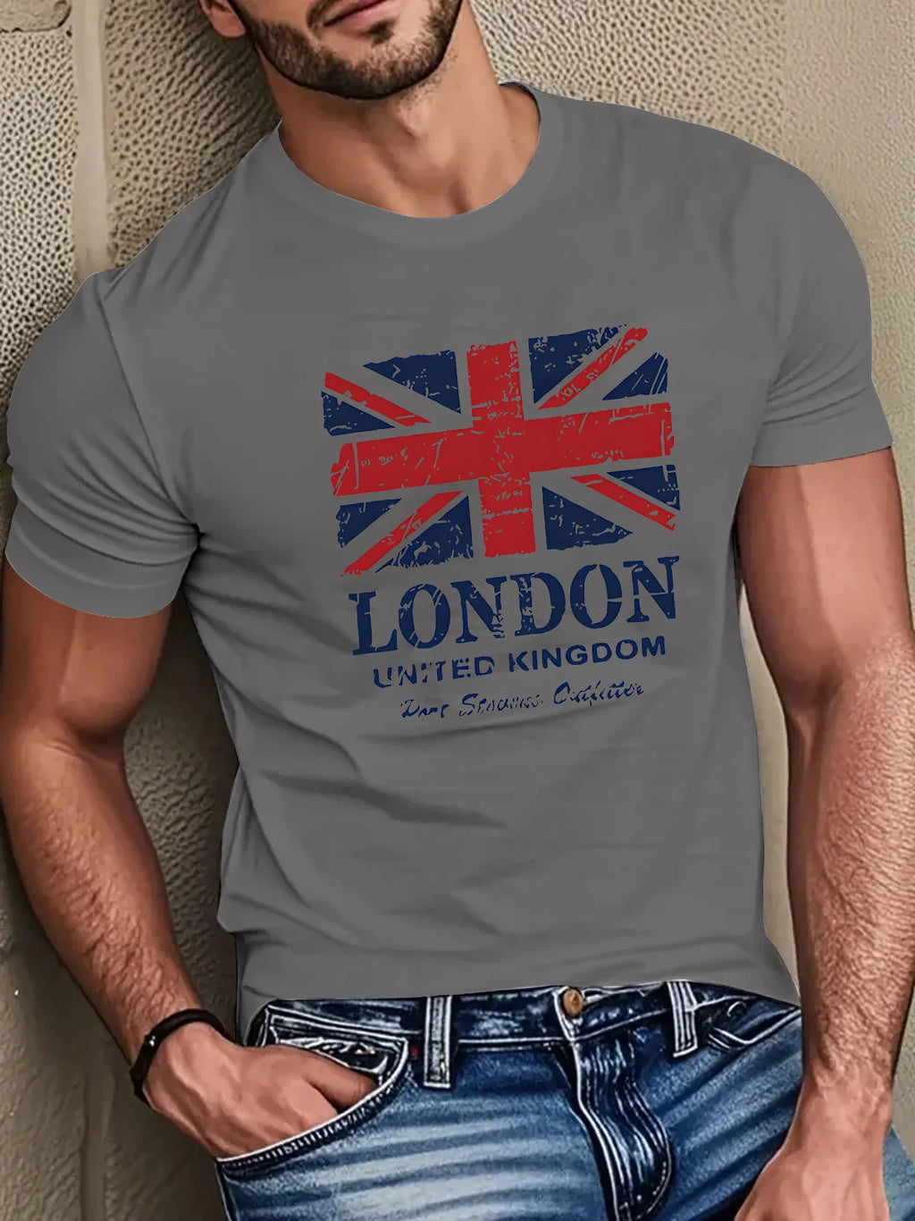 Men's 100% pure cotton British flag and London landmark print fashionable casual loose round neck short sleeved T-shirt top