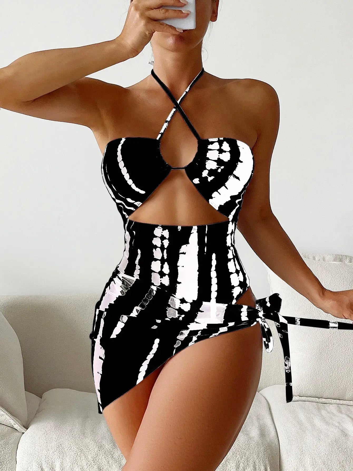 Abstract Black White Tie Dye Halter One Piece With Cutout Detail And Sheer Wrap Skirt