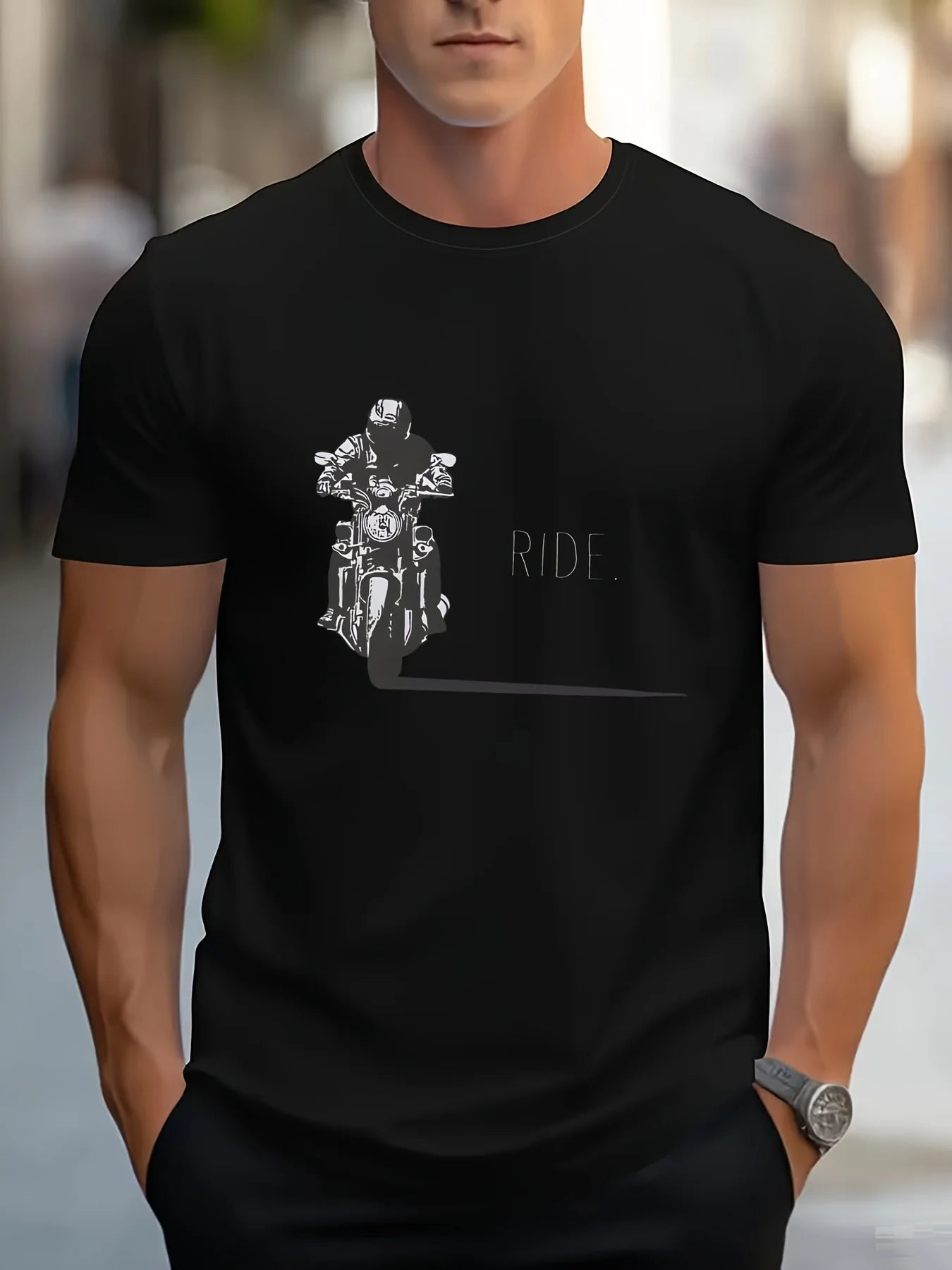 Men's summer 100% pure cotton fashionable casual loose motorcycle design printed round neck short sleeved T-shirt top
