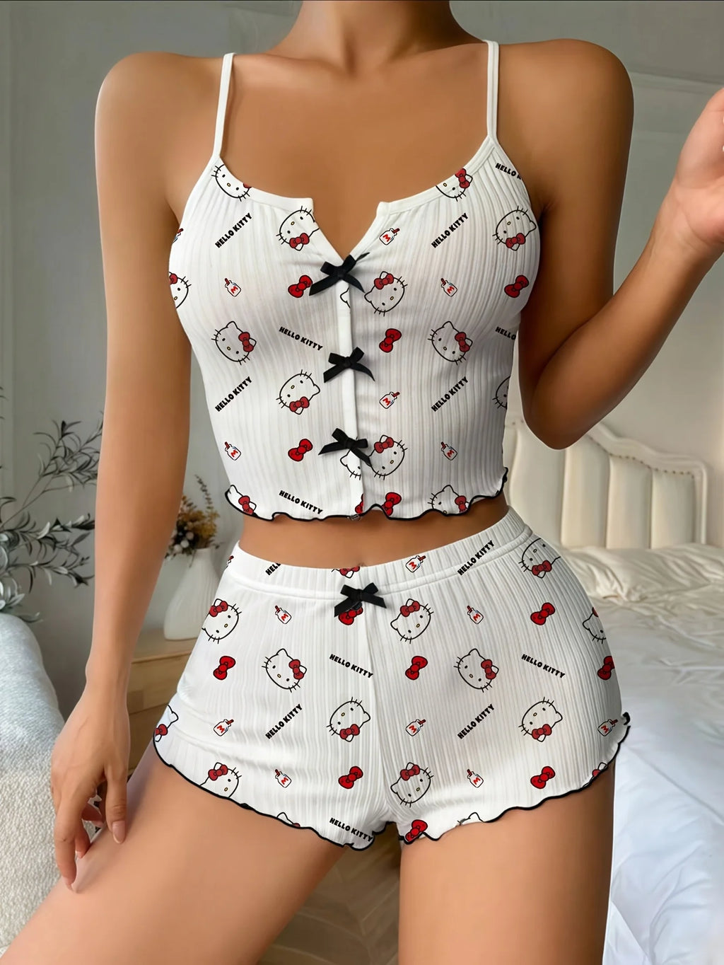 Sanrio Hello Kitty Bowknot Suspender Top Shorts Casual 2pcs Pajama Set Fashionable Thin Shoulder Strap Sexy Sleepwear Soft Pj