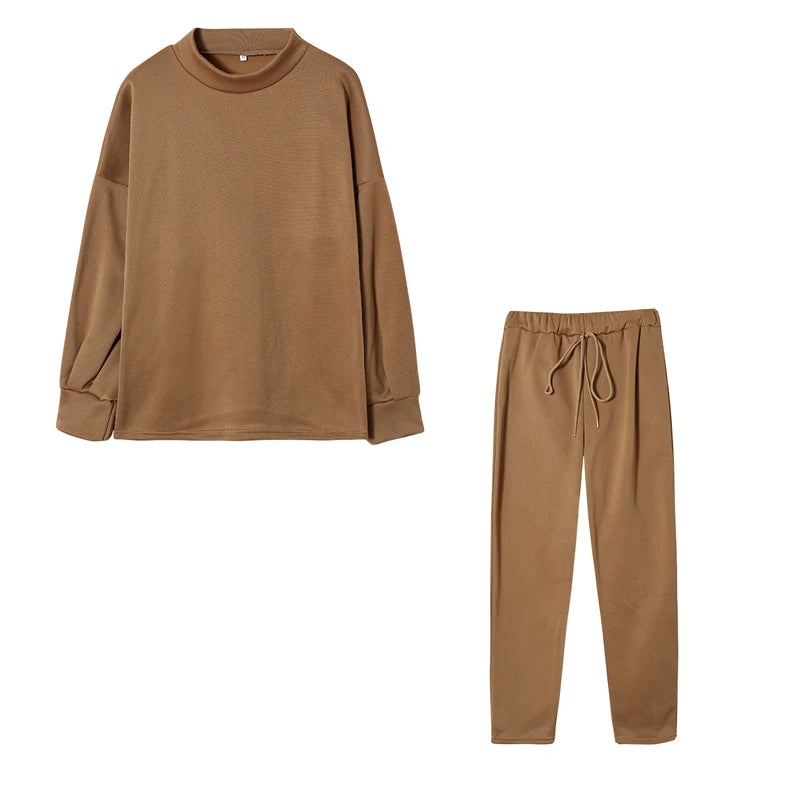 Women's High Collar Sweater And Pure Color Trousers Two-Piece Set Casual Autumn Winter Fashion Ensemble