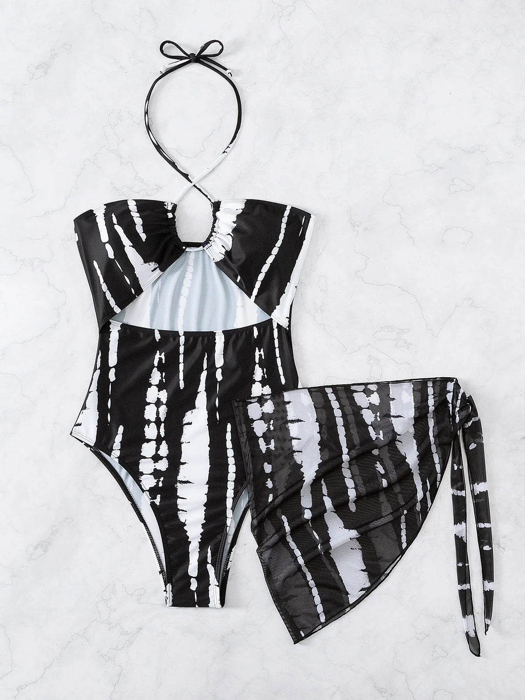 Abstract Black White Tie Dye Halter One Piece With Cutout Detail And Sheer Wrap Skirt