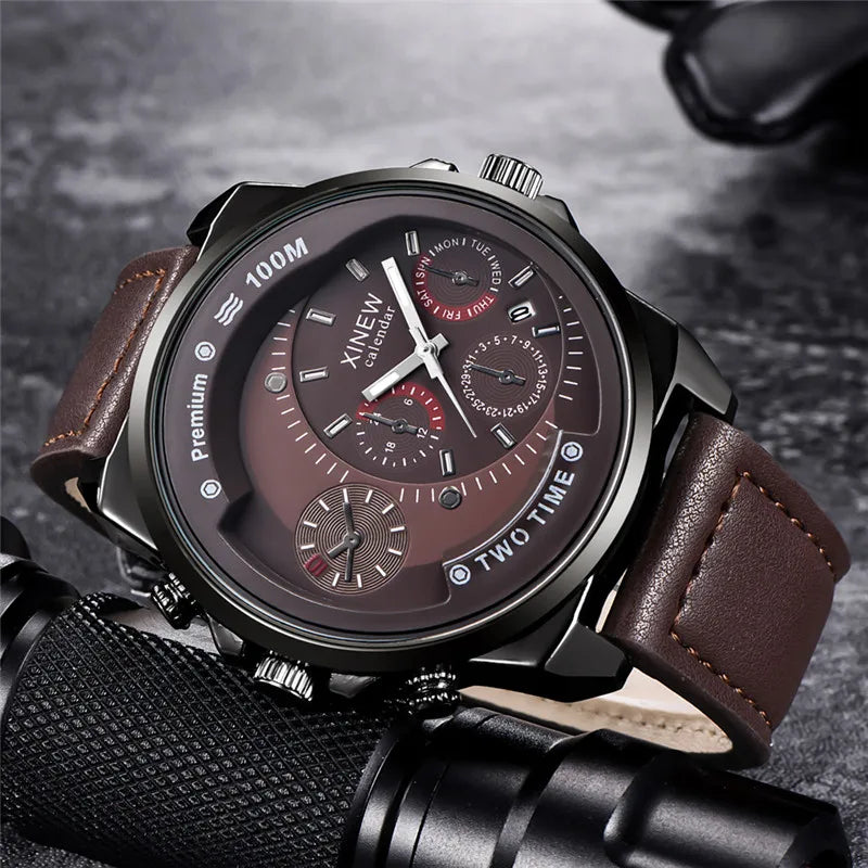 Relogio Masculino Men XINEW Brand Watches Fashion Leather Band Date Quartz Watch Erkek Barato Saat Montre Homme Reloj Hombre