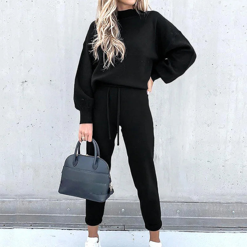 Women's High Collar Sweater And Pure Color Trousers Two-Piece Set Casual Autumn Winter Fashion Ensemble