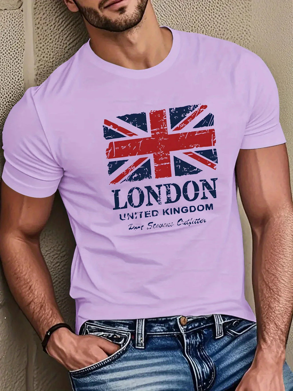 Men's 100% pure cotton British flag and London landmark print fashionable casual loose round neck short sleeved T-shirt top