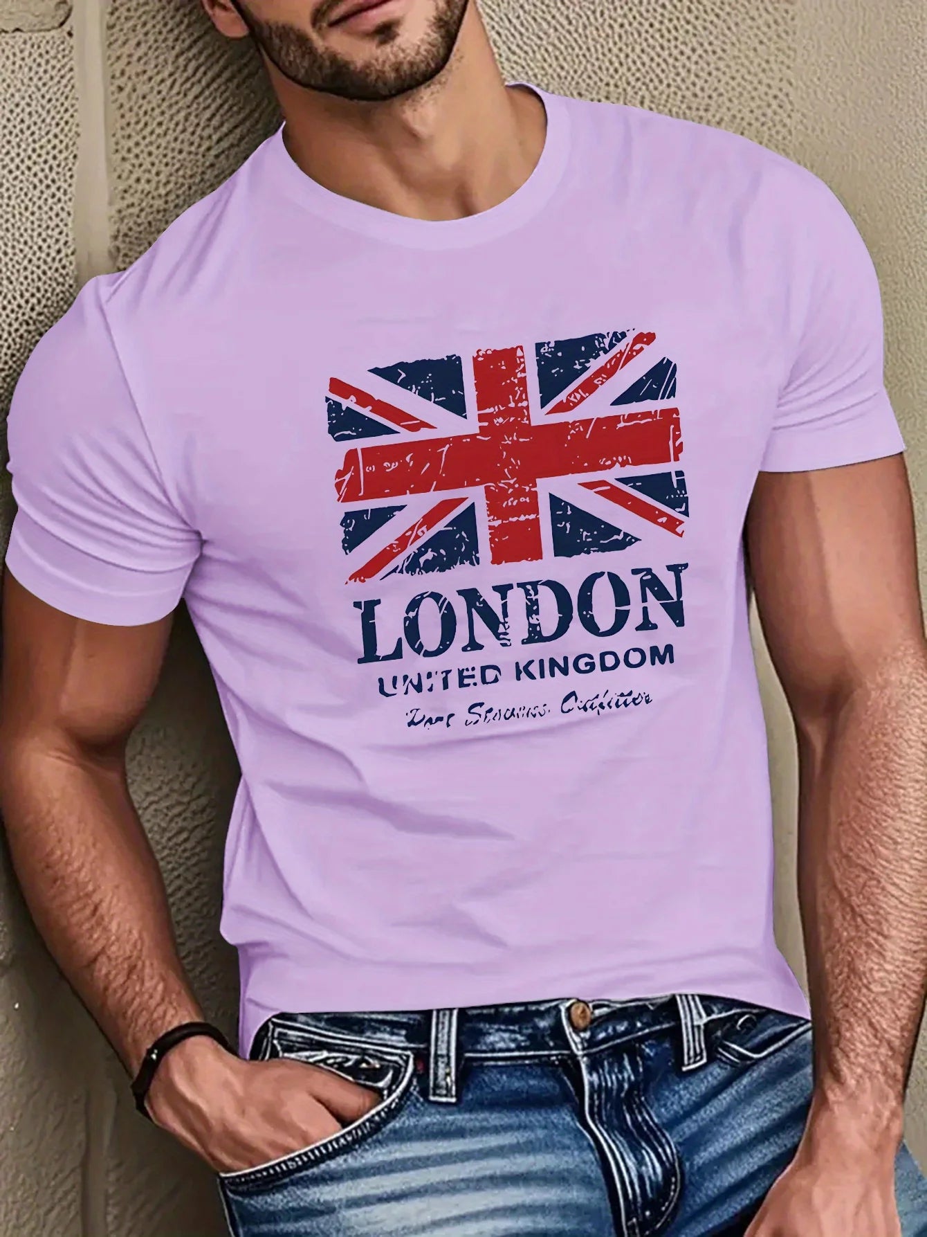 Men's 100% pure cotton British flag and London landmark print fashionable casual loose round neck short sleeved T-shirt top