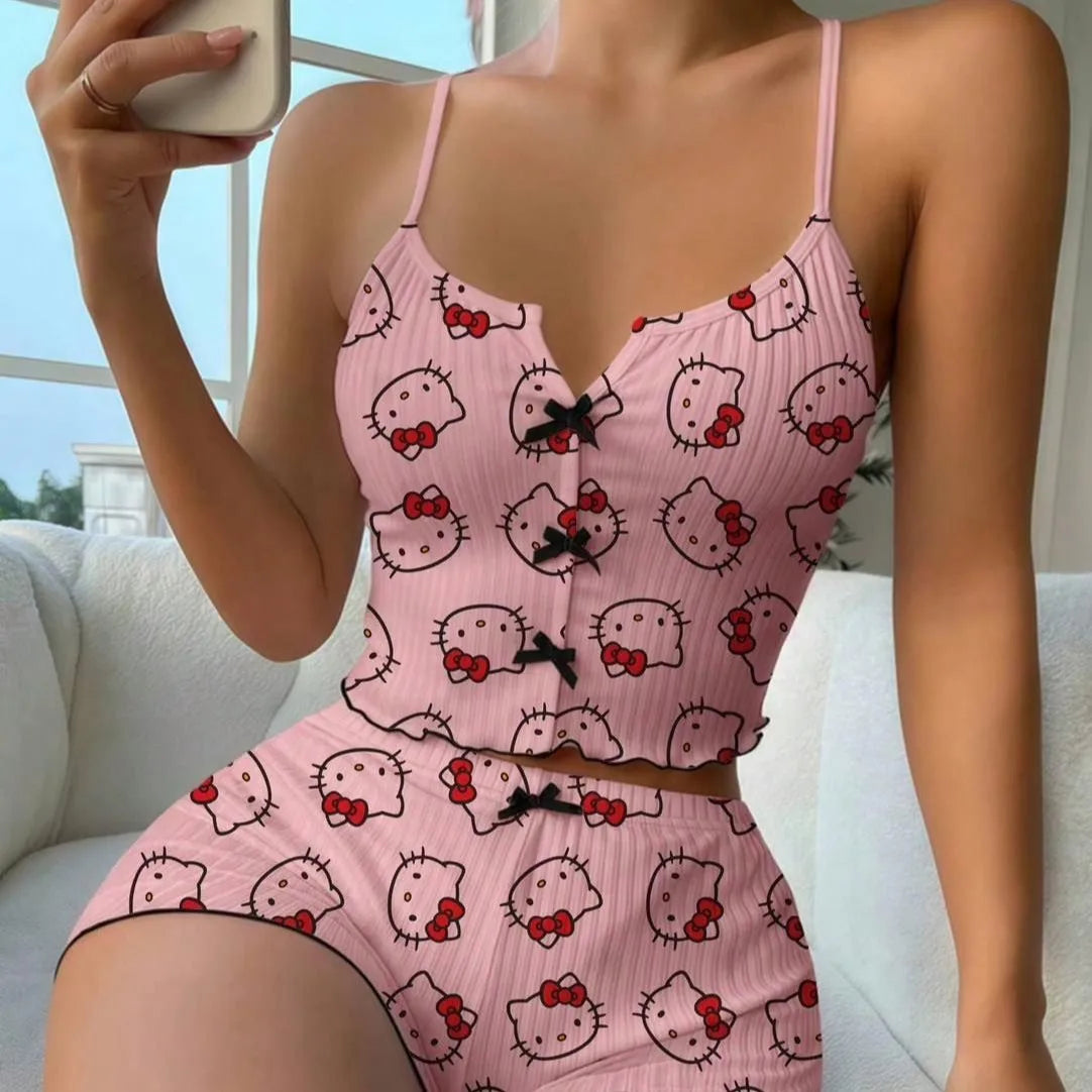 Sanrio Hello Kitty Bowknot Suspender Top Shorts Casual 2pcs Pajama Set Fashionable Thin Shoulder Strap Sexy Sleepwear Soft Pj