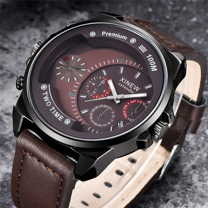 Relogio Masculino Men XINEW Brand Watches Fashion Leather Band Date Quartz Watch Erkek Barato Saat Montre Homme Reloj Hombre