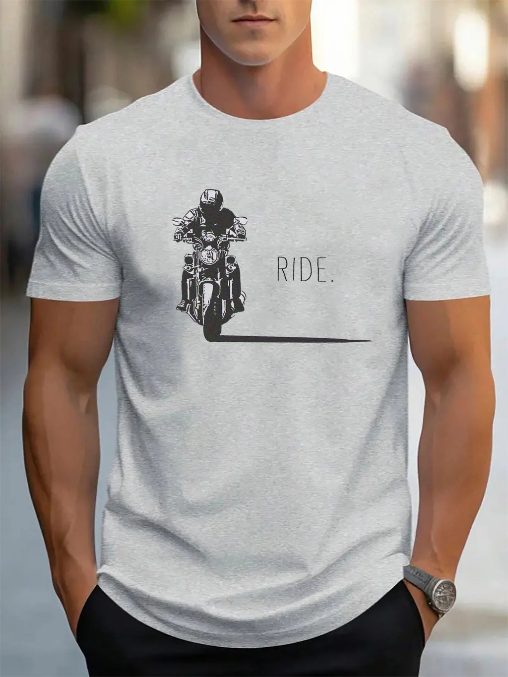 Men's summer 100% pure cotton fashionable casual loose motorcycle design printed round neck short sleeved T-shirt top