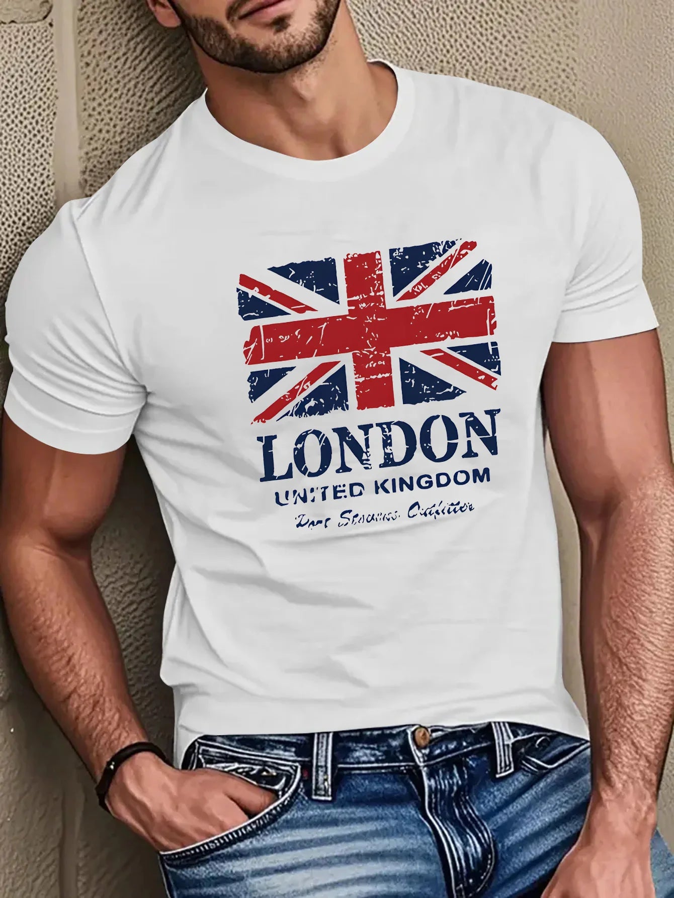 Men's 100% pure cotton British flag and London landmark print fashionable casual loose round neck short sleeved T-shirt top