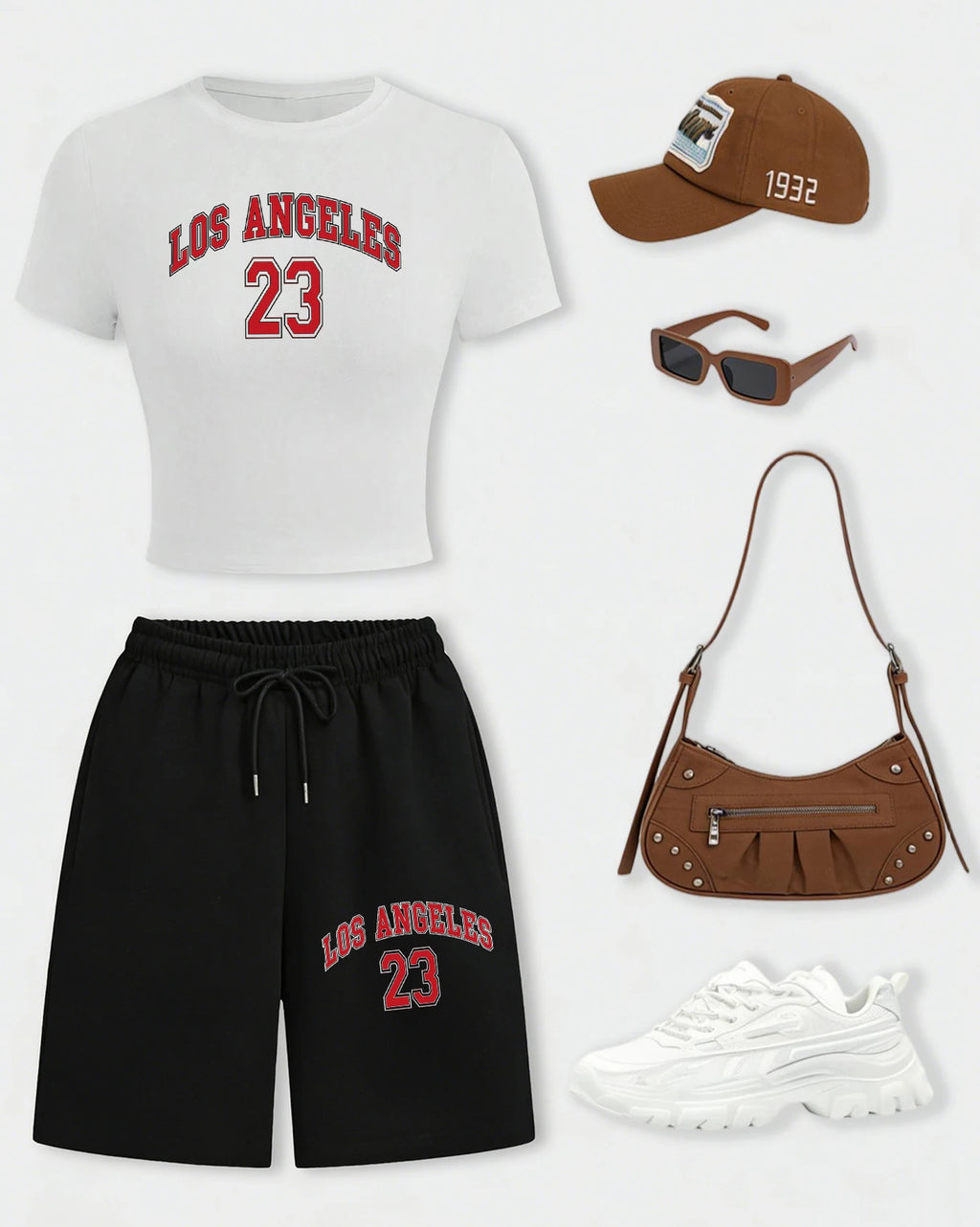 Los Angeles 24 Creative Letter Print T-Shirt Set Women Summer Cotton Crop T Shirt Wide-Leg Shorts Drawstring Pocket Gym Pant