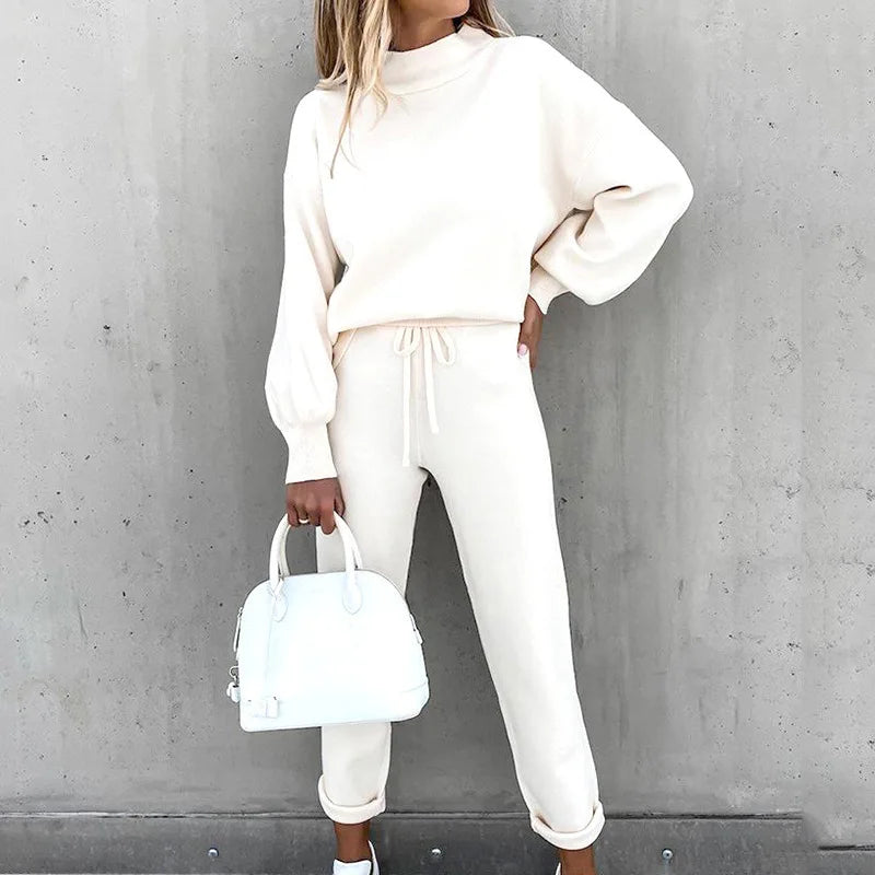Women's High Collar Sweater And Pure Color Trousers Two-Piece Set Casual Autumn Winter Fashion Ensemble