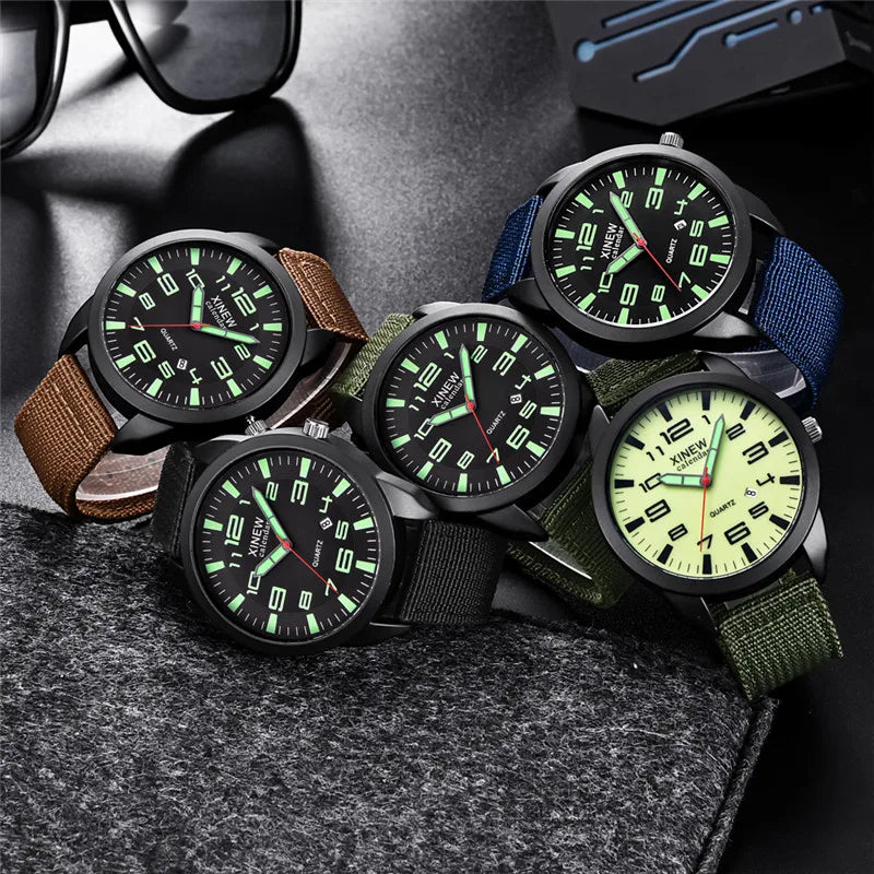 1pc / lot Men Genuine XINEW Brand Cheap Watches Fashion Simple Nylon Band Date Army Quartz Watch Erkek Barato Saat Reloj Hombre