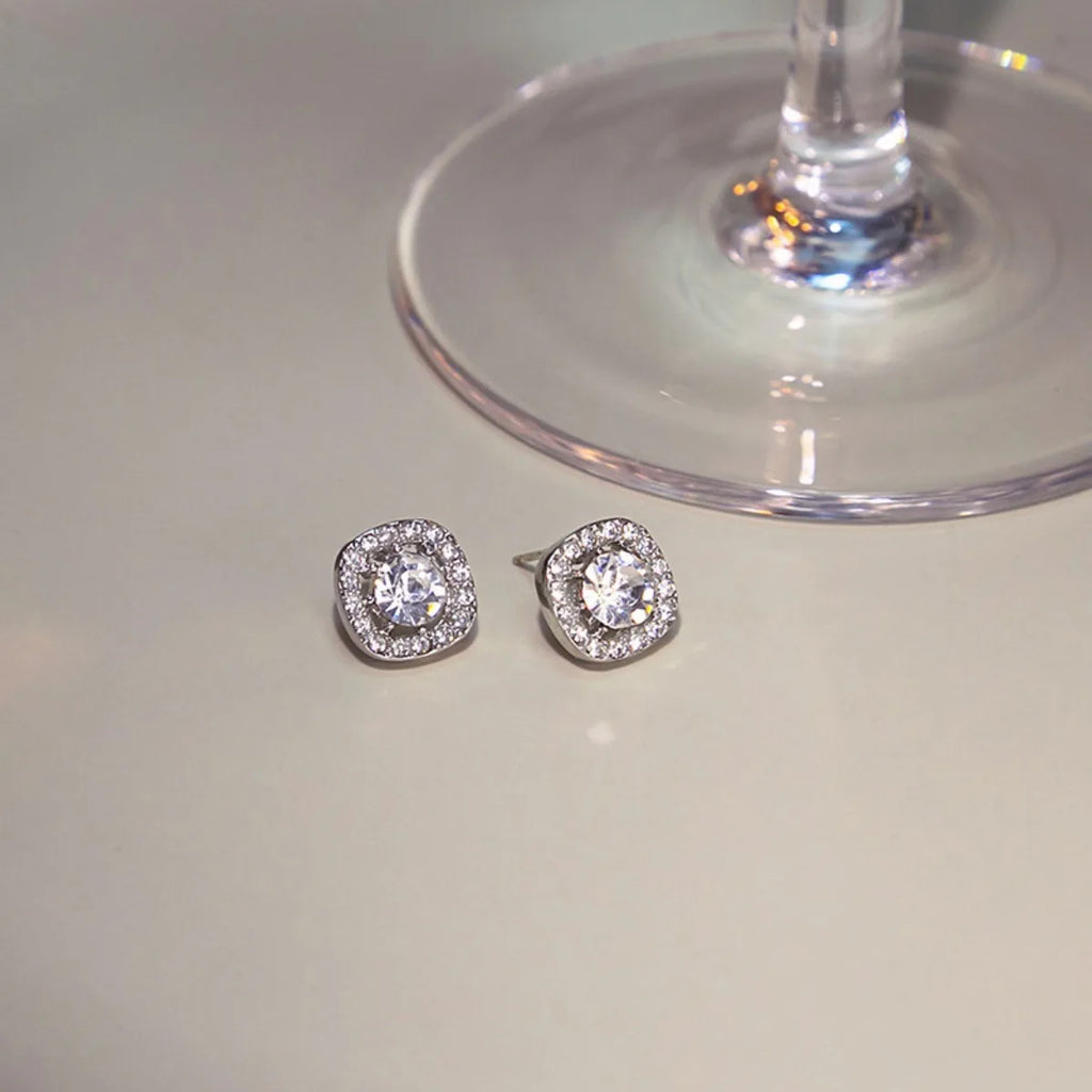 2pc Shiny Imitation Diamond Alloy Earrings Square Large Round Glass Rhinestone Women's Light Luxury Silvery Temperament Jewelry