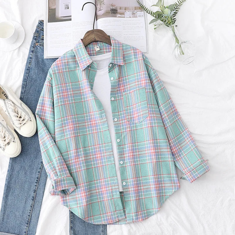 Brand Women's Flannel Plaid Shirts 2025 New Ladies Tops Exquisite Designer Style Loose Blouses Casual Cotton Long Sleeve Blouse