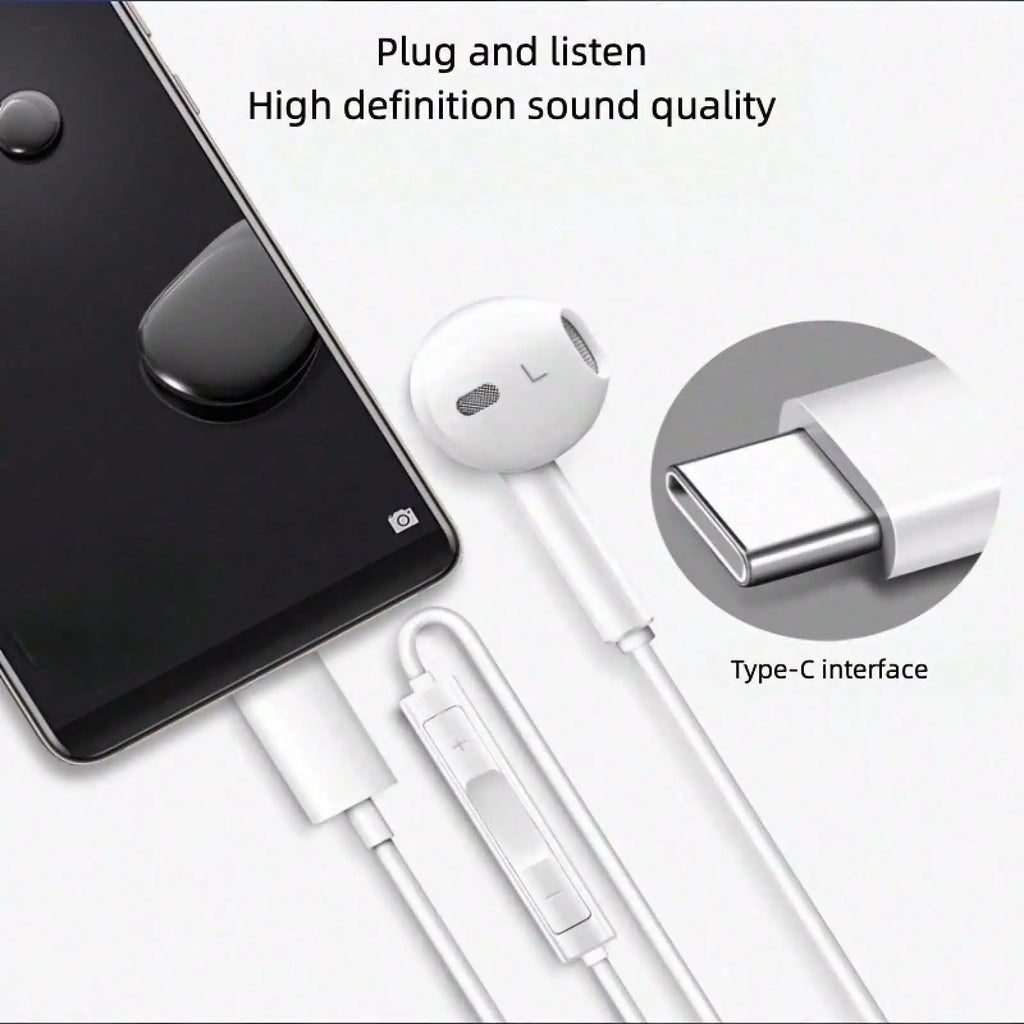 Type-C Wired In-Ear Earphones With Mic And Volume Control HiFi Stereo For IPhone 16/15,23/S22/S21/Ultra Note 10/20