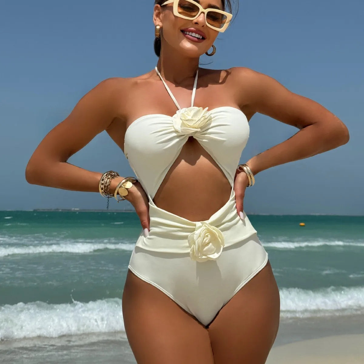 Swimwear Woman 2026 Bikini Halter Neck Drawstring Swimsuit High Waisted Rose Print Bikinis Cut Out Waist Floral Detail Two
