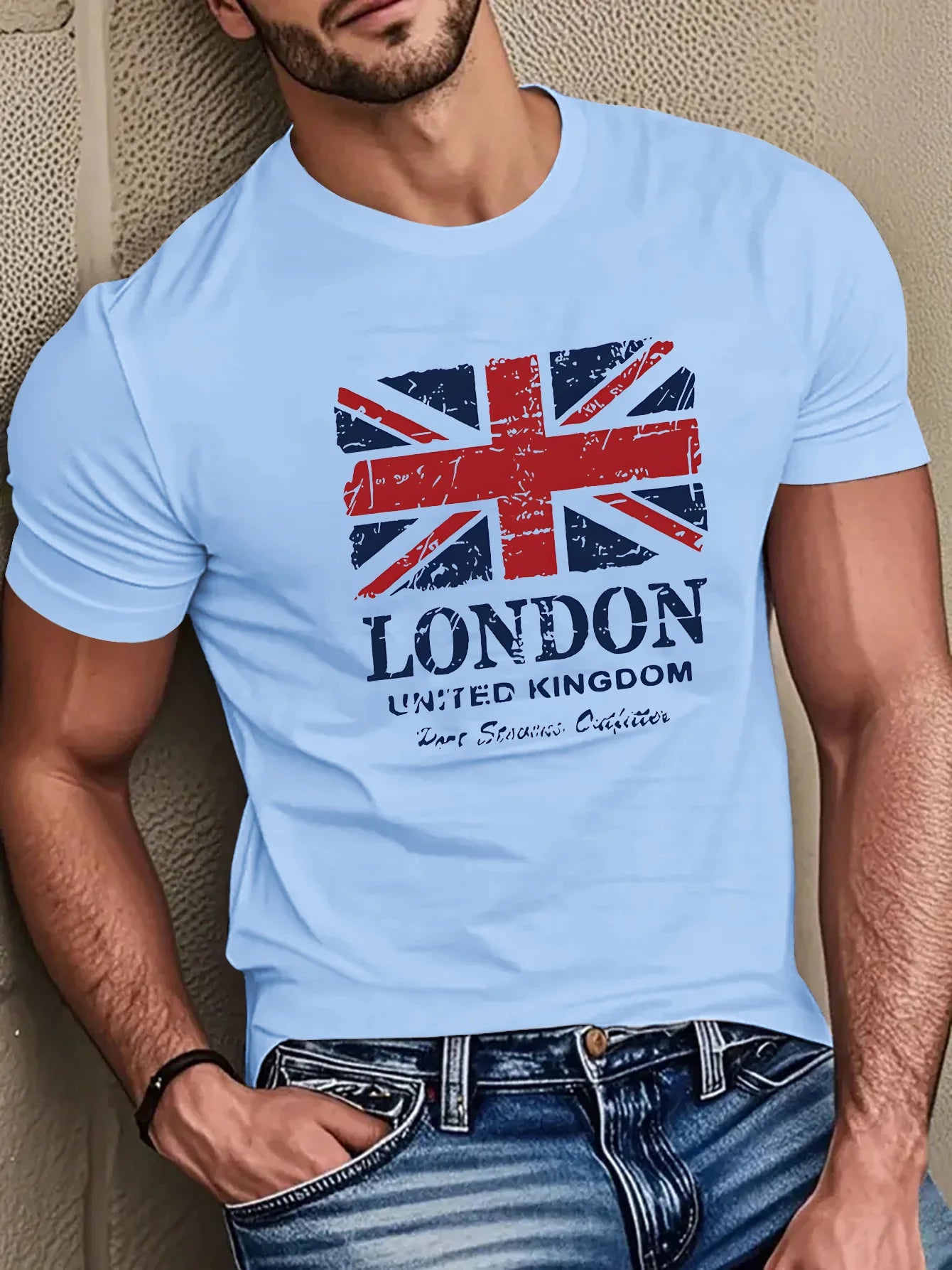 Men's 100% pure cotton British flag and London landmark print fashionable casual loose round neck short sleeved T-shirt top